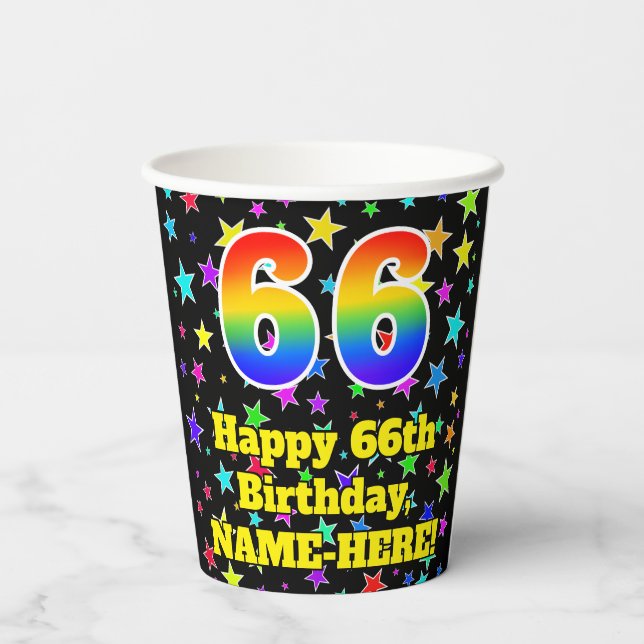 66th Birthday: Fun Stars Pattern and Rainbow 66 Paper Cups (Back)