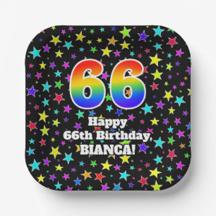 66th Birthday: Fun Stars Pattern and Rainbow “66 Paper Plate