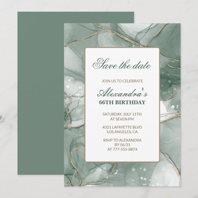 66th birthday invitations Save the date Green (Front/Back)
