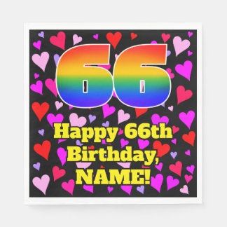 66th Birthday: Loving Hearts Pattern, Rainbow # 66 Napkin