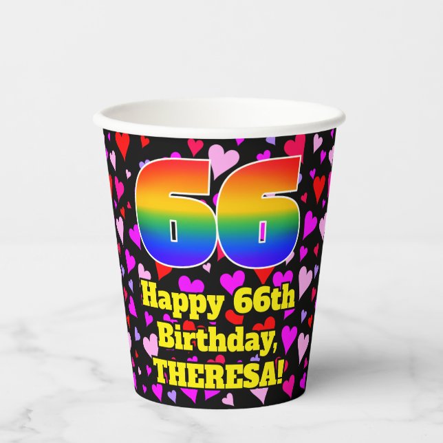 66th Birthday: Loving Hearts Pattern, Rainbow 66 Paper Cups (Front)