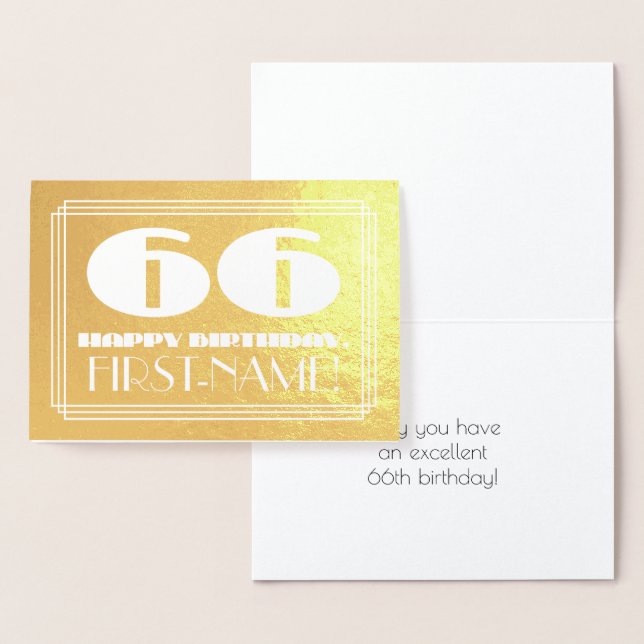 66th Birthday: Name + Art Deco Inspired Look "66" Foil Card (Display)