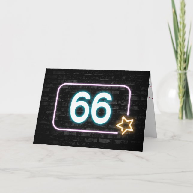 66th Birthday Neon Sign On Brick Wall  Card (Front)