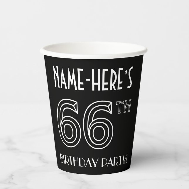 66th Birthday Party: Art Deco Style + Custom Name Paper Cups (Front)