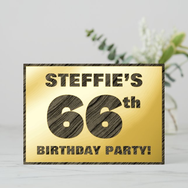 66th Birthday Party — Bold, Faux Wood Grain Text (Standing Front)