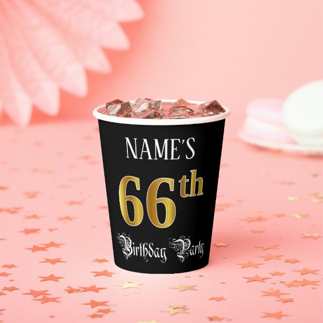66th Birthday Party — Fancy Script, Faux Gold Look Paper Cups (Insitu)