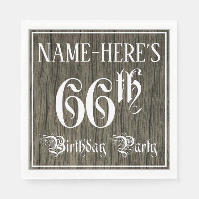 66th Birthday Party — Fancy Script, Faux Wood Look Napkin (Front)