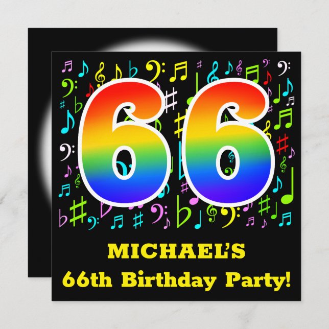 66th Birthday Party: Fun Music Symbols, Rainbow 66 Invitation (Front/Back)
