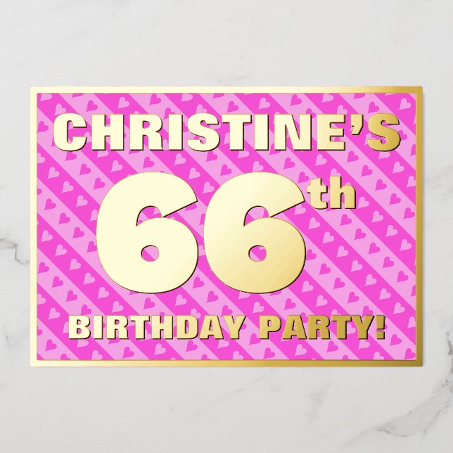 66th Birthday Party — Fun Pink Hearts and Stripes (Front)