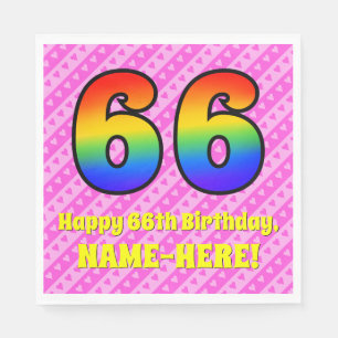 66th Birthday: Pink Stripes & Hearts, Rainbow # 66 Napkin