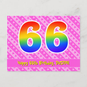66th Birthday: Pink Stripes & Hearts, Rainbow 66 Postcard