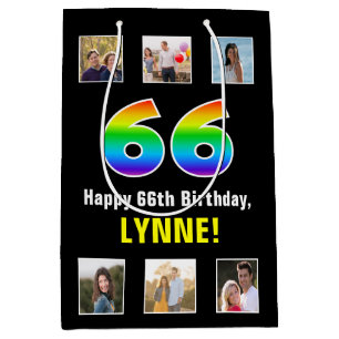 66th Birthday: Rainbow “66“, Custom Photos & Name Medium Gift Bag
