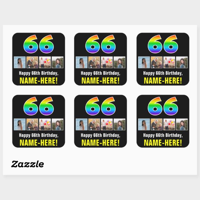 66th Birthday: Rainbow “66”; Custom Photos & Name Square Sticker (Sheet)