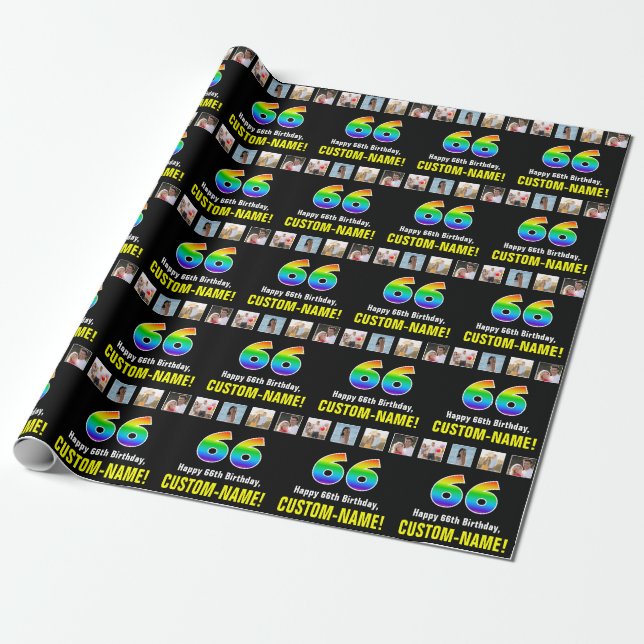 66th Birthday: Rainbow “66“; Custom Photos & Name Wrapping Paper (Unrolled)