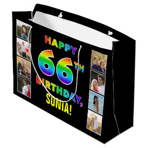 66th Birthday: Rainbow Text, Custom Photos & Name Large Gift Bag
