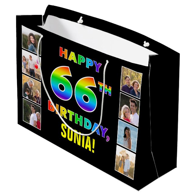 66th Birthday: Rainbow Text, Custom Photos & Name Large Gift Bag (Back Angled)