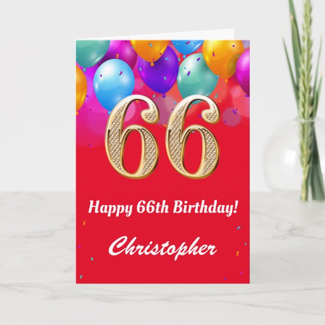 66th Birthday Red and Gold Colourful Balloons Card (Front)