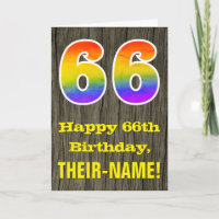 66th Birthday: Rustic Faux Wood Look, Rainbow "66"