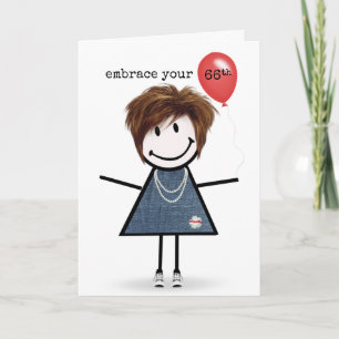 66th Birthday Stick Figure Girl with Red Balloon Card