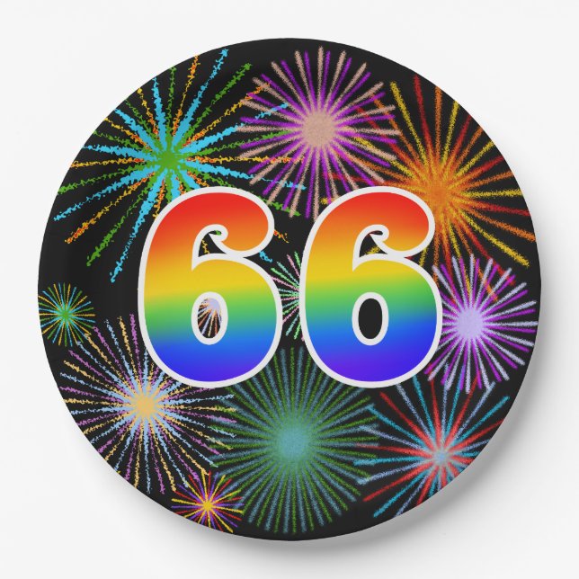 66th Event - Fun, Colourful, Bold, Rainbow 66 Paper Plate (Front)