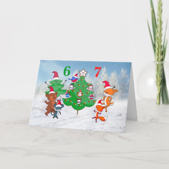 67 Cartoon Animals Dancing Around Christmas Tree Holiday Card (Front)