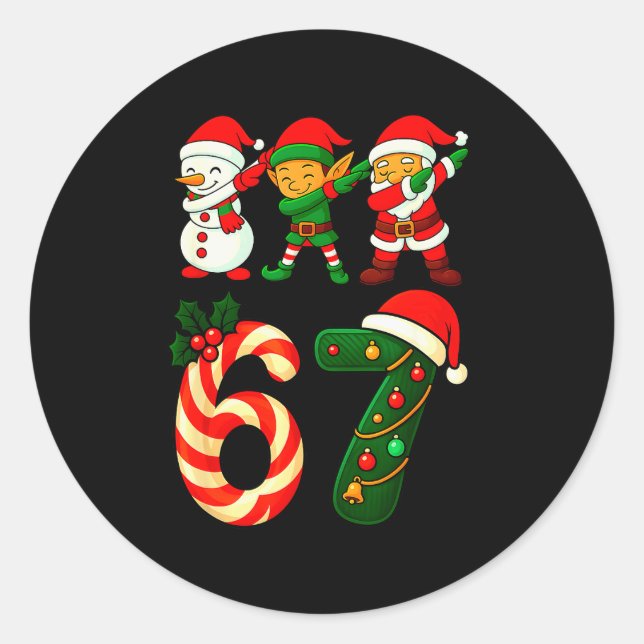 67 Christmas Dabbing Santa Elf Snowman Funny Six S Classic Round Sticker (Front)