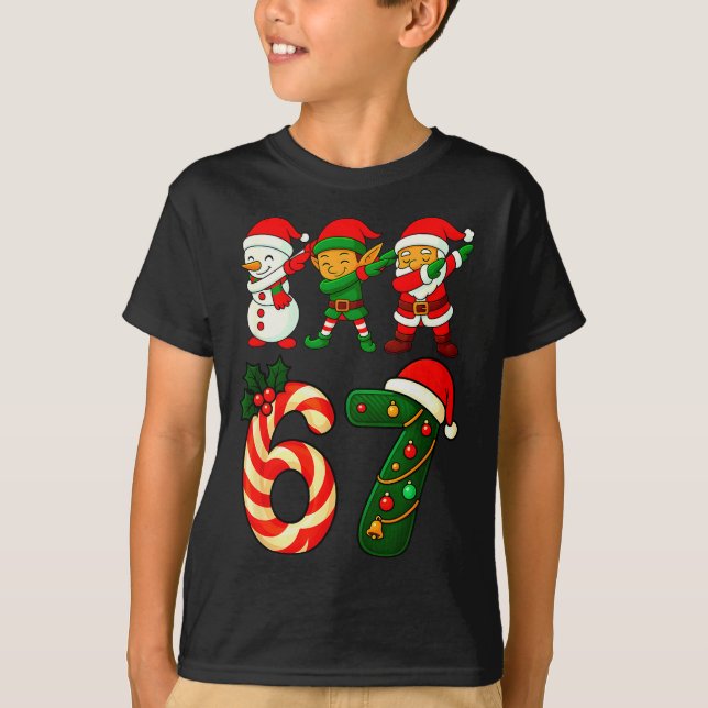 67 Christmas Dabbing Santa Elf Snowman Funny Six S T-Shirt (Front)