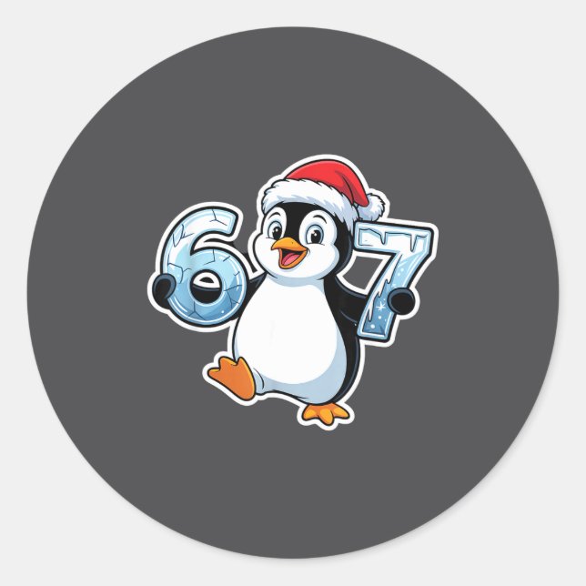 67 Christmas Penguin Santa Hat Birthday Holiday  Classic Round Sticker (Front)