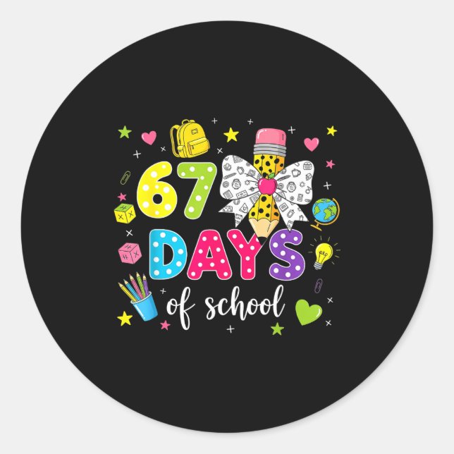 67 Days Of School Girls Coquette Bow Pencil 67 Day Classic Round Sticker (Front)