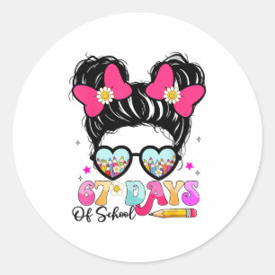 67 Days Of School Messy Bun Girl Kids Meme Funny Classic Round Sticker