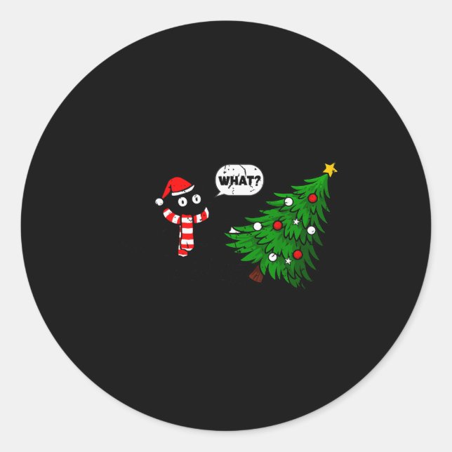 67 Funny Black Cat Pushing Christmas Tree Over Cat Classic Round Sticker (Front)