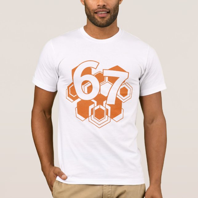67 Hexa Fusion – Bold Geometric Number Design T-Shirt (Front)