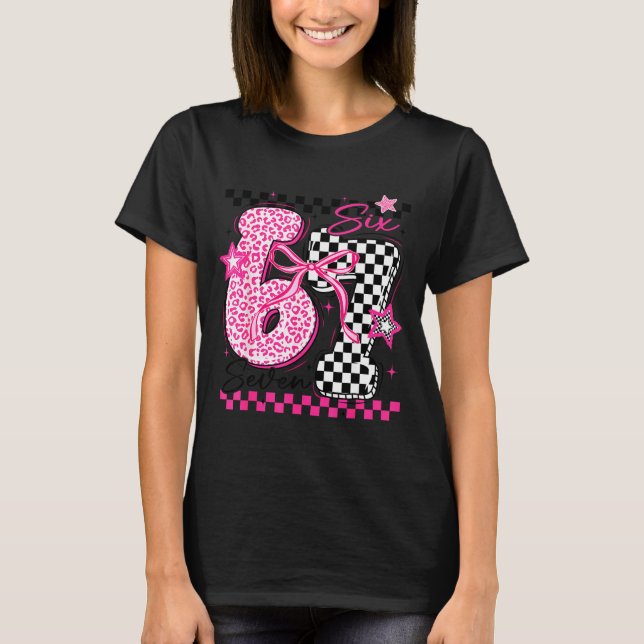 67 Leopard Checkered Funny Six Seven Meme 6-7 Teac T-Shirt (Front)