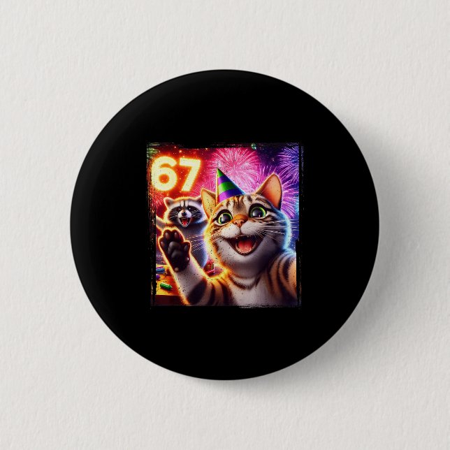 67 Meme Cat Raccoon New Year Selfie Funny Birthday 6 Cm Round Badge (Front)