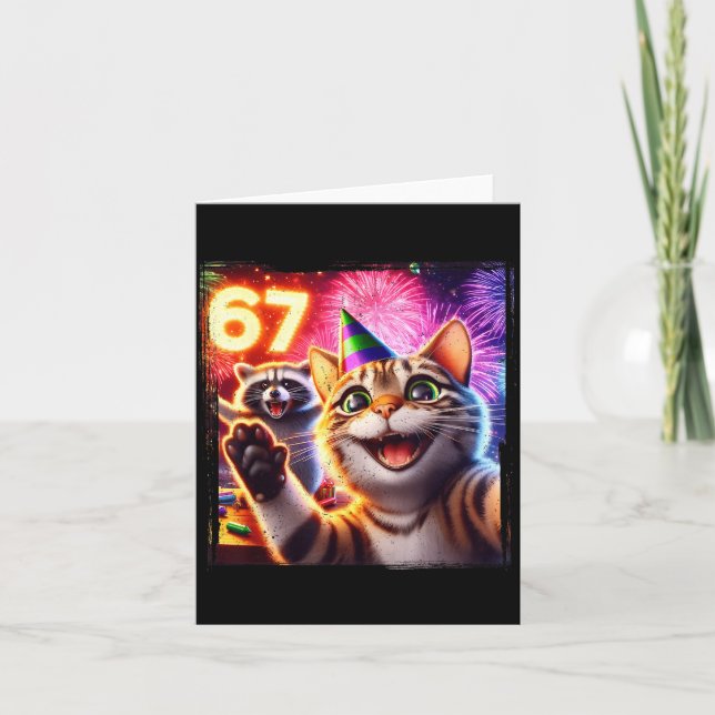 67 Meme Cat Raccoon New Year Selfie Funny Birthday Card (Front)