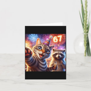 67 Meme Cat Raccoon New Year Selfie Funny Birthday Card