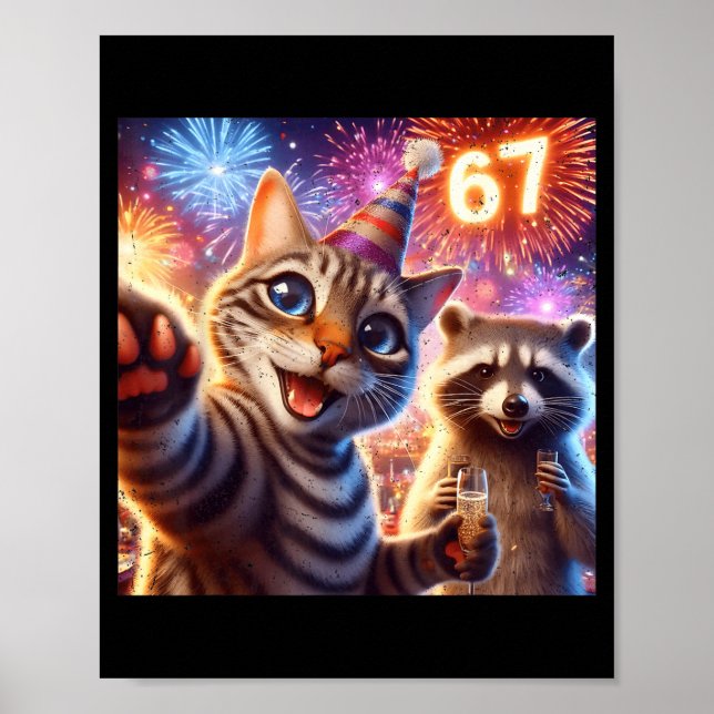 67 Meme Cat Raccoon New Year Selfie Funny Birthday Poster (Front)