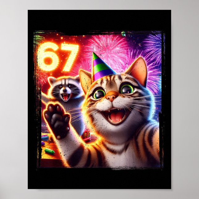 67 Meme Cat Raccoon New Year Selfie Funny Birthday Poster (Front)
