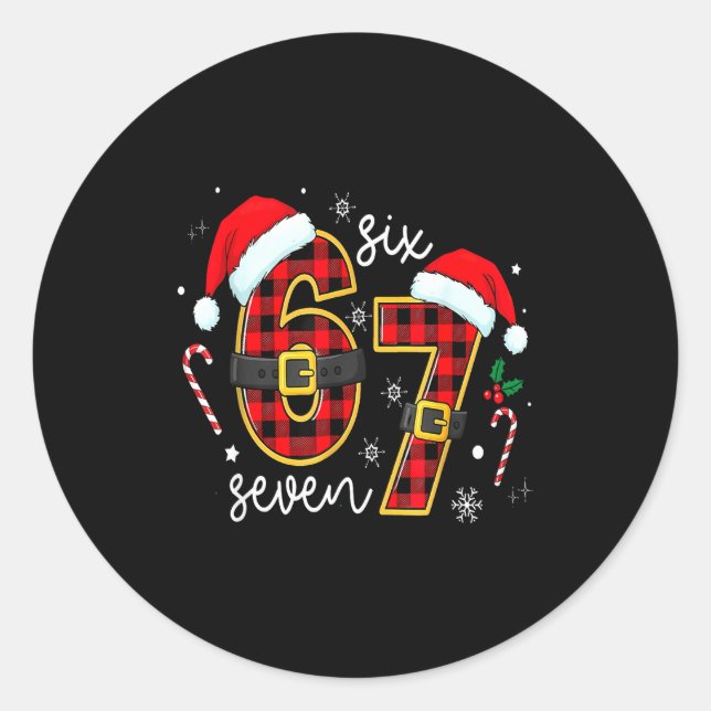 67 Meme Funny Christmas Red Plaid Xmas Pajamas Sla Classic Round Sticker (Front)