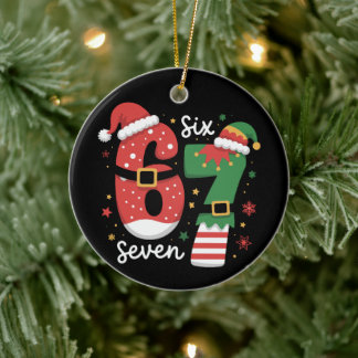 67 Meme Six Seven Elf Christmas Santa Hat Ceramic Ornament