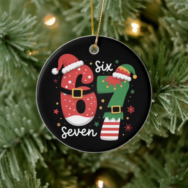 67 Meme Six Seven Elf Christmas Santa Hat Ceramic Ornament (Tree)