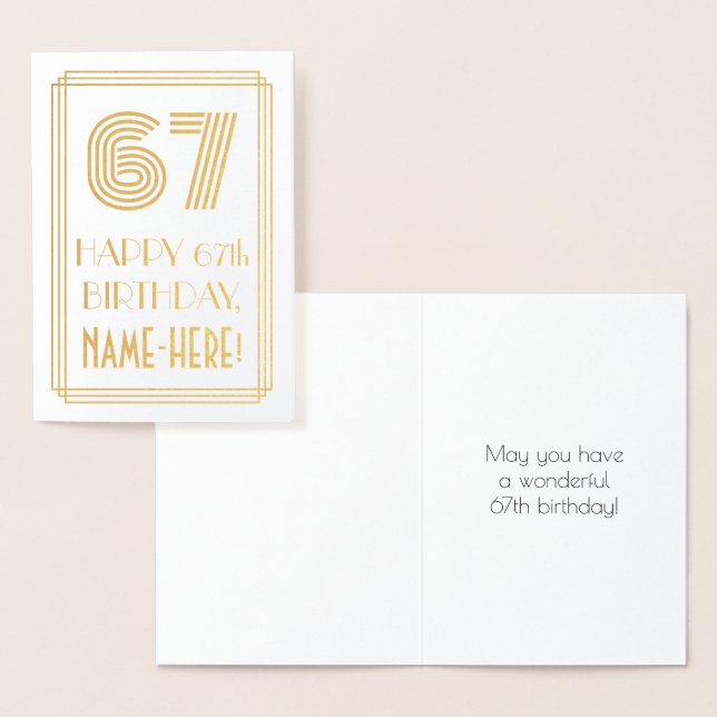67th Birthday - Art Deco Inspired Look "67" & Name Foil Card (Display)