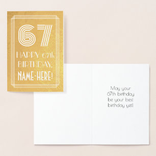 67th Birthday – Art Deco Inspired Look "67" + Name Foil Card