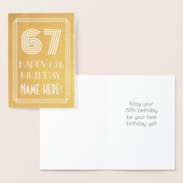 67th Birthday – Art Deco Inspired Look "67" + Name Foil Card (Display)