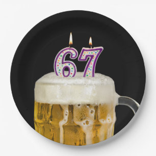 67th Birthday Beer on black Paper Plate