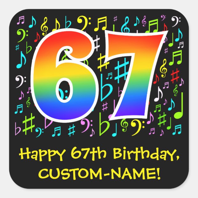 67th Birthday: Colourful Music Symbols, Rainbow 67 Square Sticker (Front)