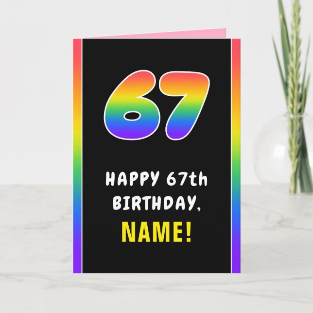 67th Birthday: Colourful Rainbow # 67, Custom Name Card (Front)