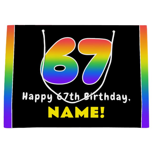 67th Birthday: Colourful Rainbow # 67, Custom Name Large Gift Bag (Front)