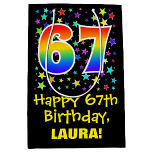 67th Birthday: Colourful Stars Pattern & Rainbow 6 Medium Gift Bag