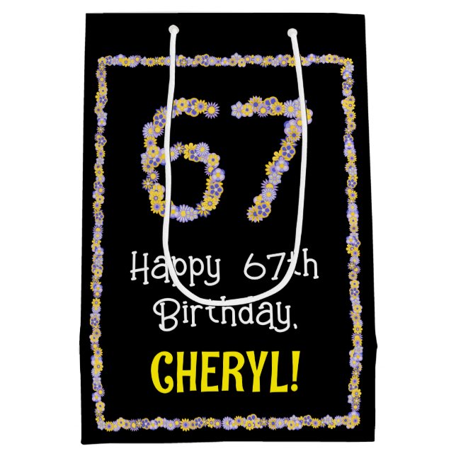 67th Birthday: Floral Flowers Number, Custom Name Medium Gift Bag (Back)